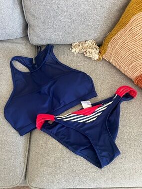 Body Glove Mesh Navy High-Neck Bikini Set w/ Red Strap Accents XS